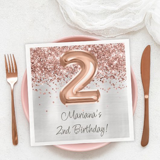 Serviette En Papier Rose Gold Silver 2e fête d'anniversaire