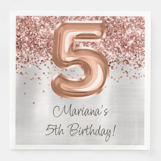 Serviette En Papier Rose Gold Silver 5e fête d'anniversaire (Devant)