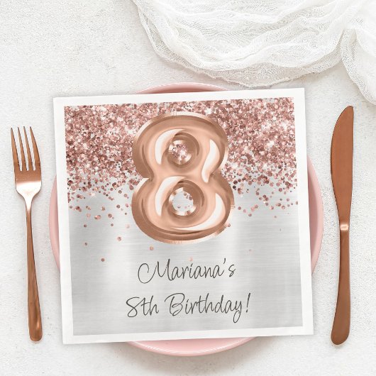 Serviette En Papier Rose Gold Silver 8e fête d'anniversaire