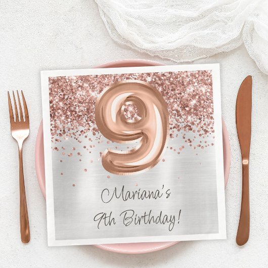 Serviette En Papier Rose Gold Silver 9e fête d'anniversaire