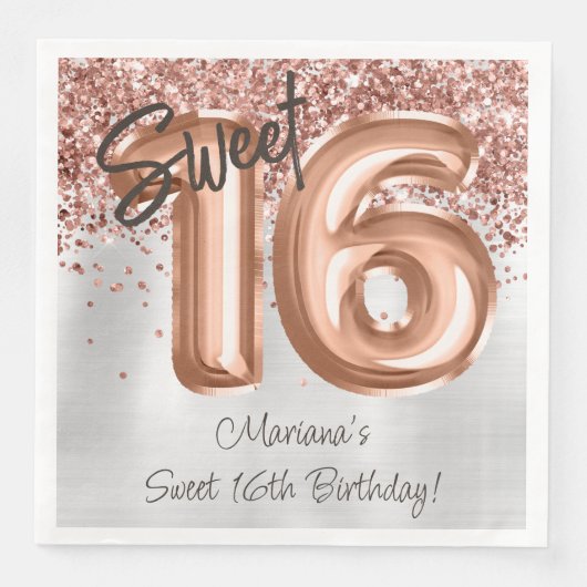 Serviette En Papier Rose Gold Silver Sweet 16e fête d'anniversaire (Devant)