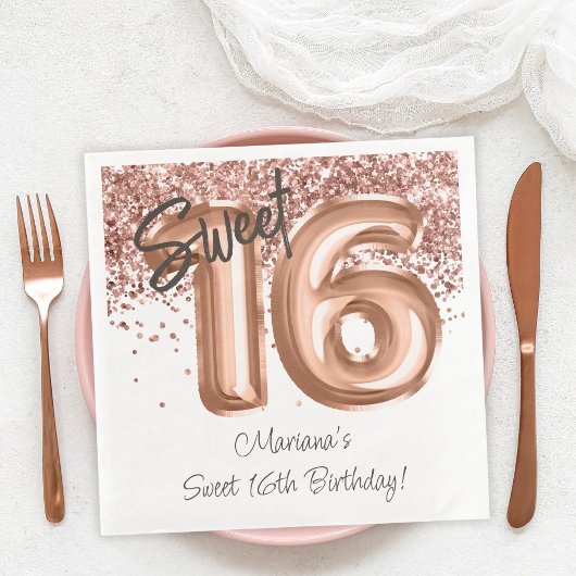 Serviette En Papier Rose Gold Sweet 16e fête d'anniversaire