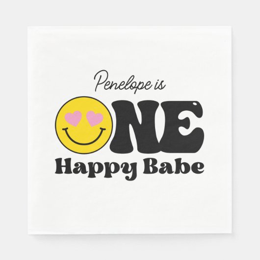 Serviette En Papier Rose Jaune Un Bébé Heureux Premier Anniversaire (Devant)