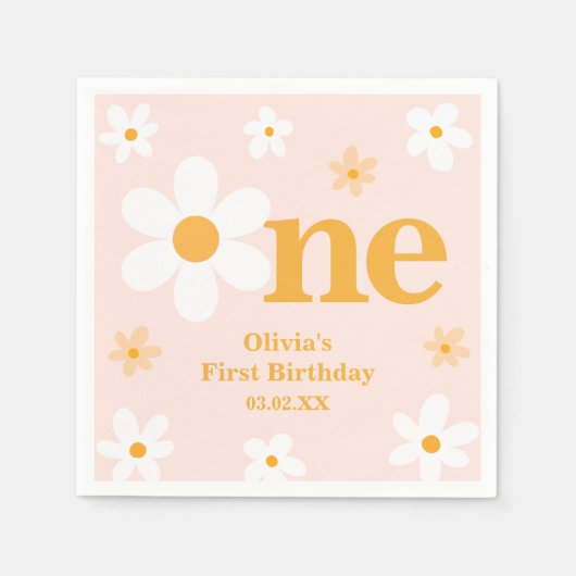 Serviette En Papier Rose Jaune Une Daisy 1er Anniversaire Fille (Devant)