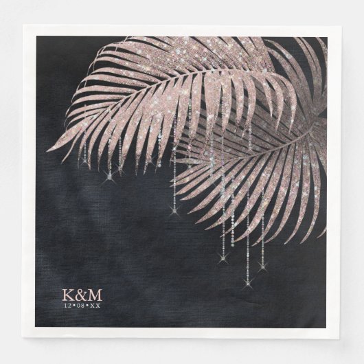 Serviette En Papier Rose Mariage  or/marine Joyau Palm Leaf ID830 (Devant)