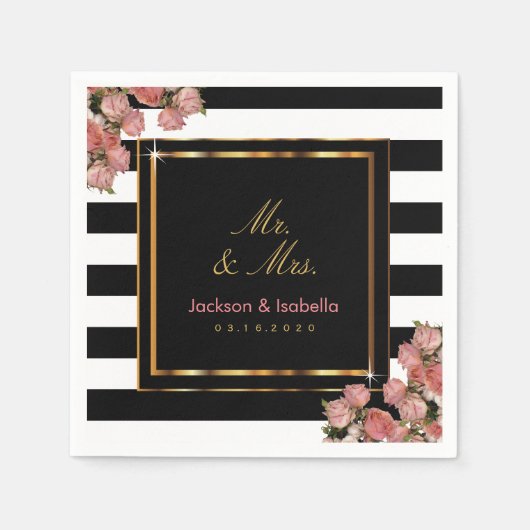 Serviette En Papier Rose Mariage or noir et blanc (Devant)