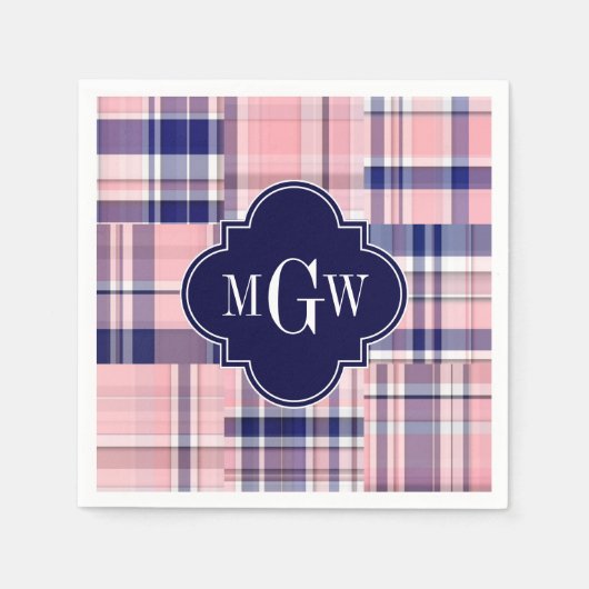 Serviette En Papier Rose, Marine Blue Preppwork Patchwork Madras Monog (Devant)