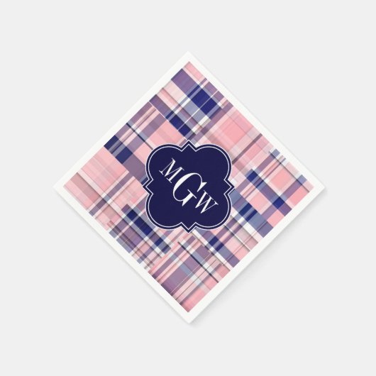 Serviette En Papier Rose, Marine Blue Preppwork Patchwork Madras Monog (Coin)
