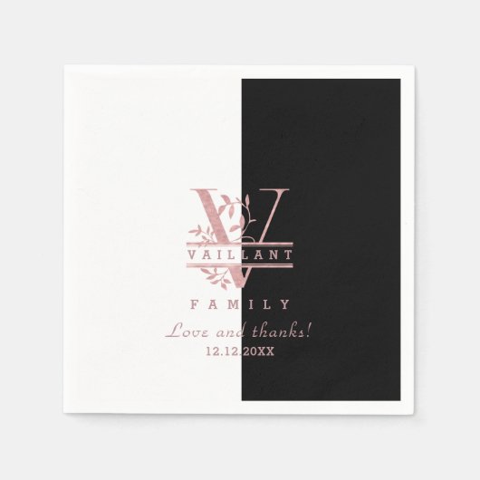 Serviette En Papier Rose moderne Gold Split Monogramme personnalisé V (Devant)