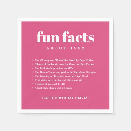Serviette En Papier Rose Moderne Minimal Fun Faits Anniversaire Année (Devant)