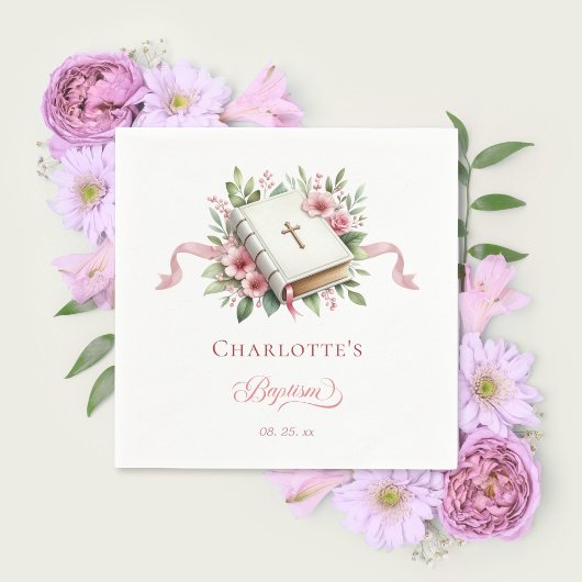 Serviette en papier rose moderne pour baptême