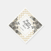 Serviette En Papier Rose noir Flora Or & blanc À damiers Anniversaire (Coin)