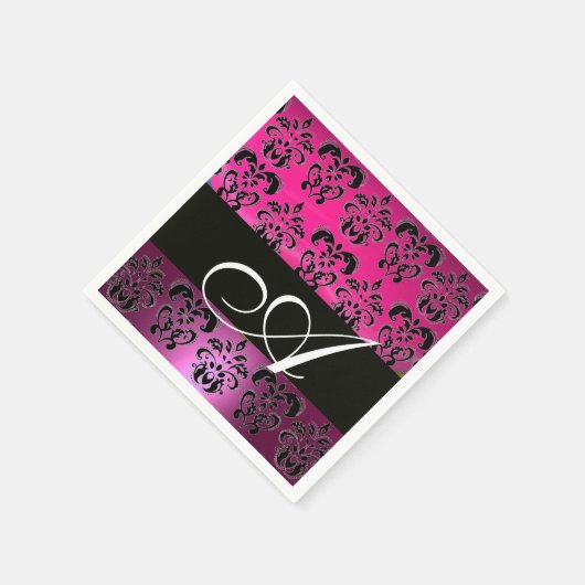 SERVIETTE EN PAPIER ROSE, NOIR FUCHSIA, DOMMASQUE POURPULAIRE MONOGRAM (Coin)