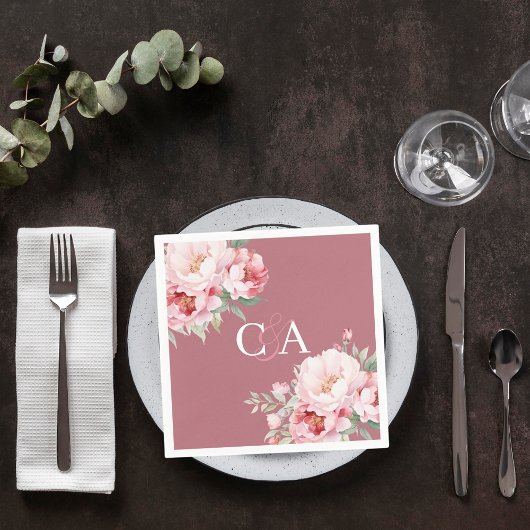 Serviette En Papier Rose or rose roses floraux monogramme mariage