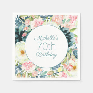 Serviette En Papier Rose Pâle Élégant Crème Turquoise 70e Anniversaire