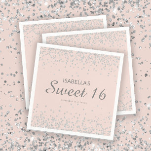 Serviette En Papier Rose Pâle Élégant Pailleté Argent Nom Douce 16 