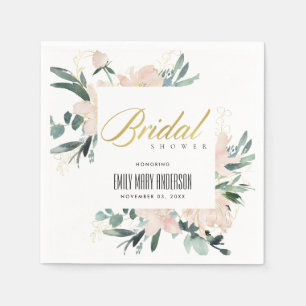 SERVIETTE EN PAPIER ROSE PÂLE FLEURI CADRE AQUARELLE NOCE DE RÊVE