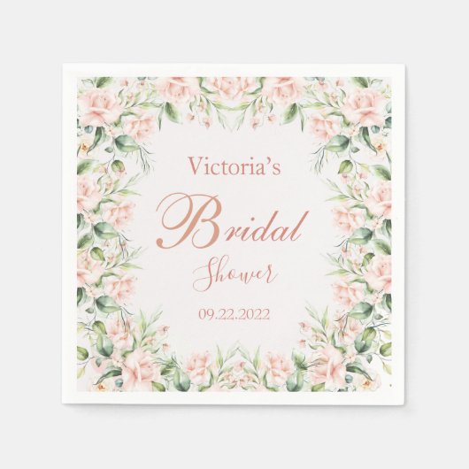 Serviette En Papier Rose Pâle Floral Élégant Nom Rose Lancement de Ma (Devant)