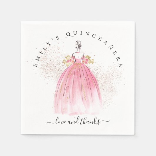 Serviette En Papier Rose Parties scintillant or fille Gown Quinceañera (Devant)