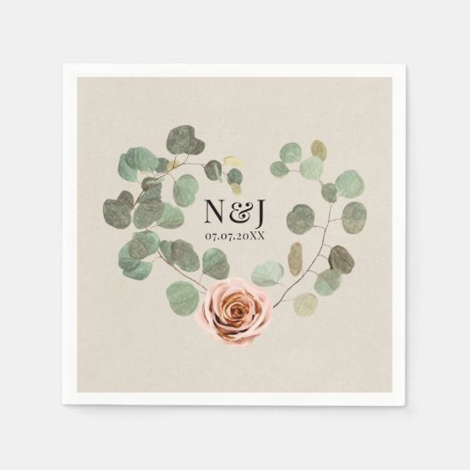 Serviette En Papier Rose rose et Eucalyptus Coeur Rustique Mariage (Devant)