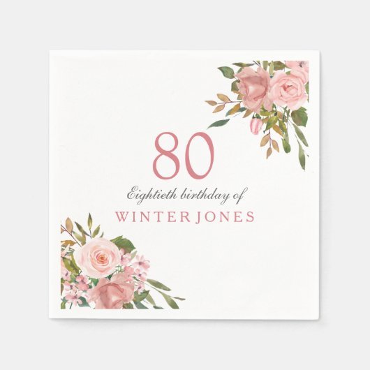 Serviette En Papier Rose Rose Gold Flowers 80e Anniversaire de fête Na (Devant)