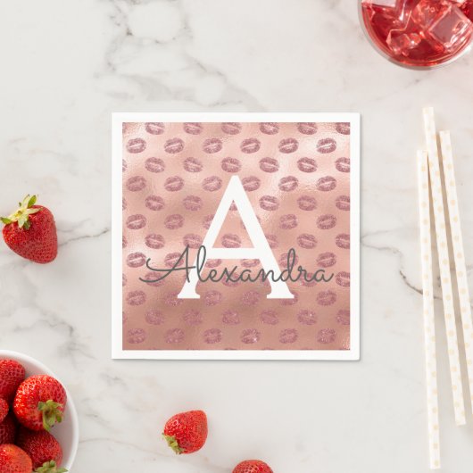 Serviette En Papier Rose Rose Gold Lipstick Baisers Monogramme Anniver (En situation)