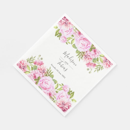 Serviette En Papier Rose rose pâle vert Mariage floral (Coin)