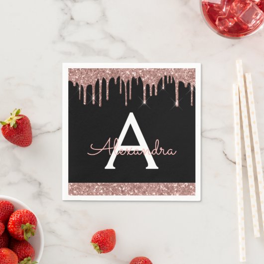 Serviette En Papier Rose Rose Rose Gold Parties scintillant Noir Monog (En situation)