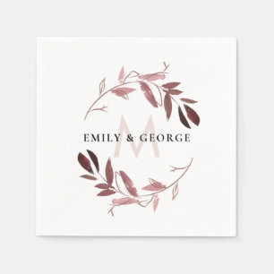 SERVIETTE EN PAPIER ROSE ROSE ROSE OR FOLIAGE WREATH MONOGRAS MARIAGE