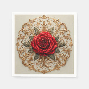 Serviette En Papier Rose Rouge Élégante avec Motif Floral Orné en Or