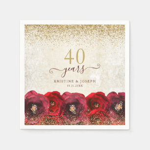 Serviette En Papier Rose rouge élégante Floral Or 40e Anniversaire