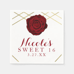 Serviette En Papier Rose rouge et lignes dorées Fleurs Élégant Personn