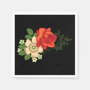 Serviette En Papier Rose rouge et marguerites sur fond noir