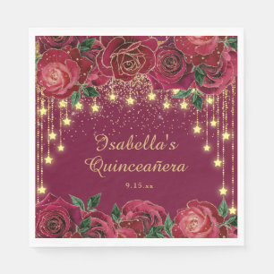 Serviette En Papier Rose Rouge Lumière de Corde en Or Étoiles Quinceañ