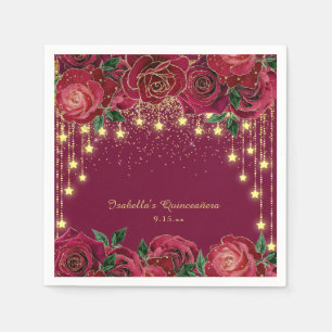 Serviette En Papier Rose Rouge Lumière de Corde en Or Étoiles Quinceañ