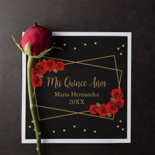 Serviette En Papier Rose rouge Noir et or Quinceañera