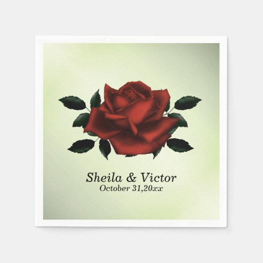 Serviette En Papier Rose rouge Nom gothique Date Mariage vert serviett (Devant)