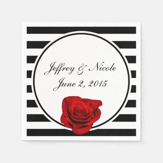 Serviette En Papier Rose rouge sur le Mariage des rayures noir et blan (Devant)