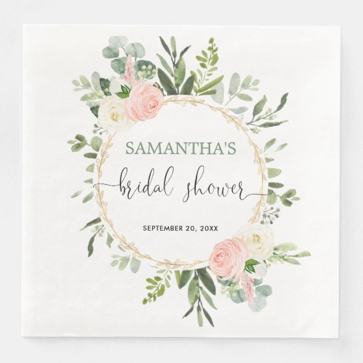Serviette En Papier Rose saumon blanc verdure or floral élégant (Devant)