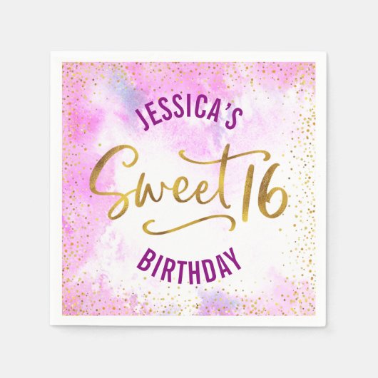 Serviette En Papier Rose Sweet 16 Aquarelle Or Glam Girly Anniversaire (Devant)