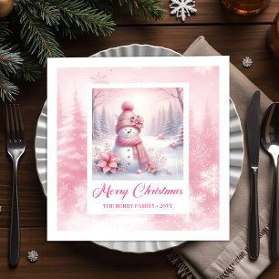 Serviette En Papier Rose Vintage Bonhomme de Neige Enfants Scène d'Hiv