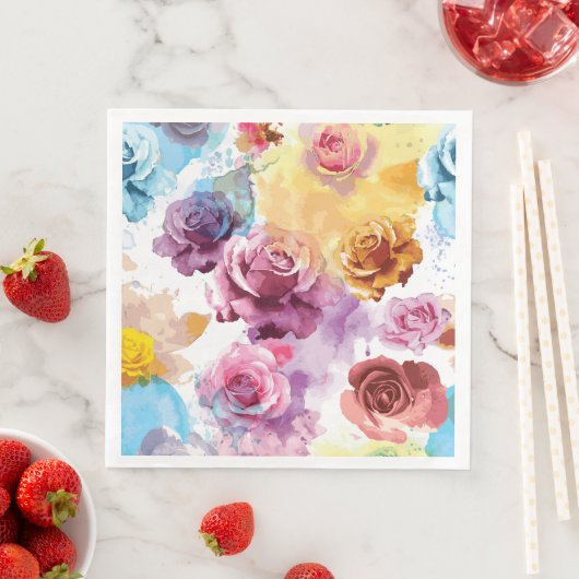 Serviette En Papier Roses à l'aquarelle (En situation)
