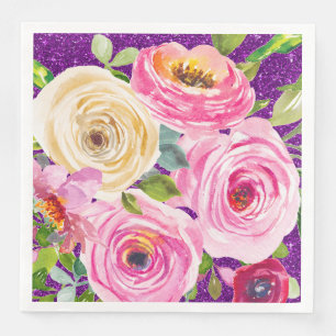 Serviette En Papier Roses Aquarelle en Rose et Crème avec Paillettes V