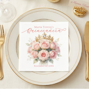 Serviette En Papier Roses Aquarelle Rose Pâle Couronne Dorée Quinceañe