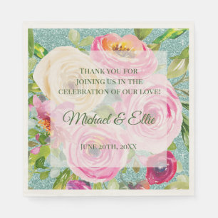 Serviette En Papier Roses Aquarelle Rose Pêche Aqua Pailleté Mariage