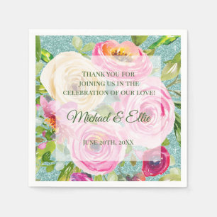 Serviette En Papier Roses Aquarelle Rose Pêche Crème Paillettes Aqua M