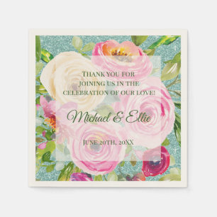 Serviette En Papier Roses Aquarelle Rose Pêche Crème Paillettes Aqua M