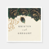Serviette En Papier Roses Aquarelle Vert Et Mariage Or (Devant)