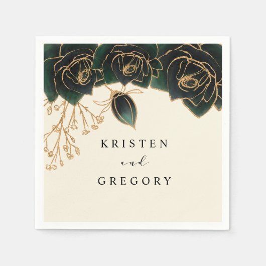 Serviette En Papier Roses Aquarelle Vert Et Mariage Or (Devant)