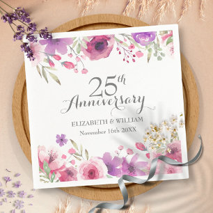 Serviette En Papier Roses aquarelles de verdure pour 25e anniversaire